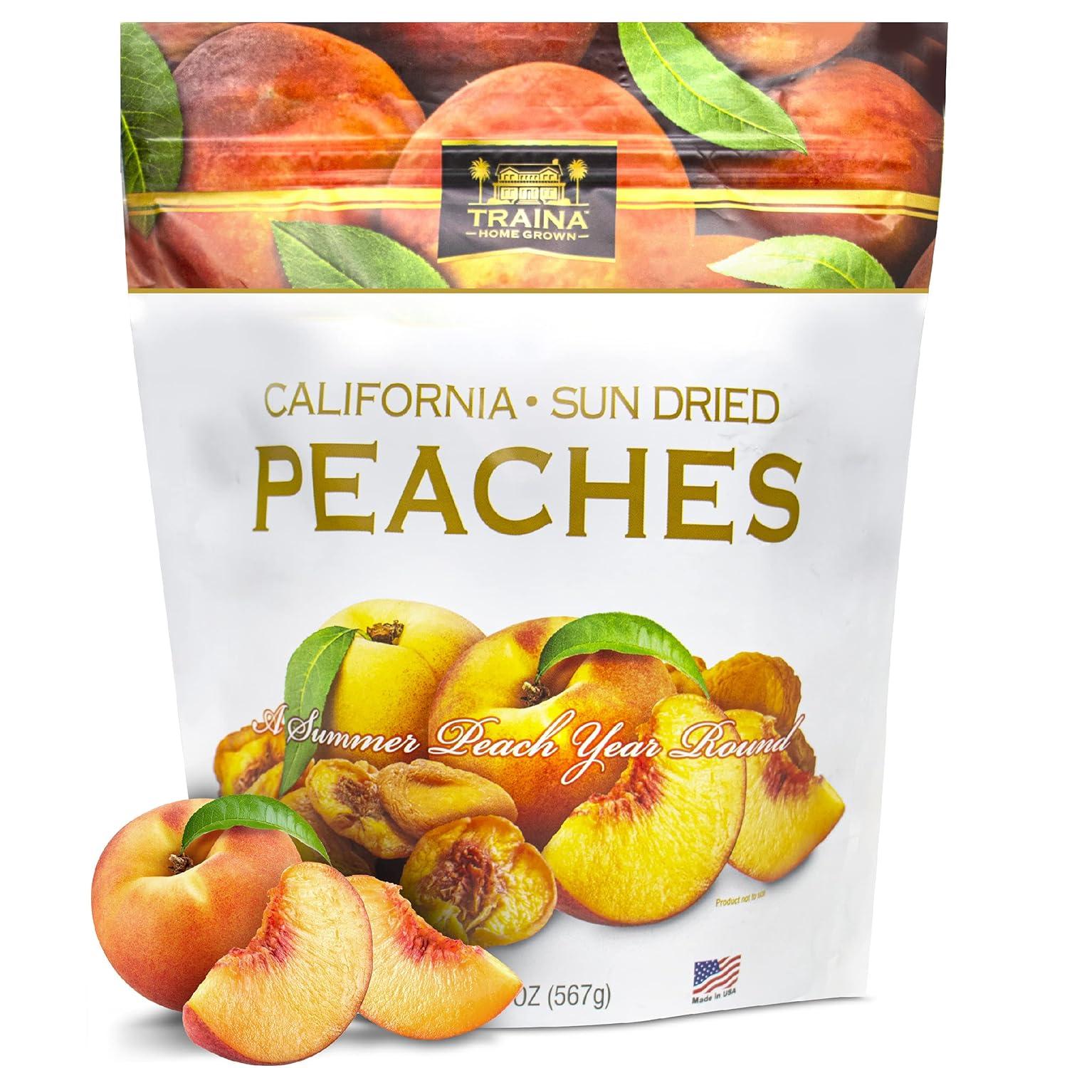 Traina Peaches: Non-GMO, Sweet, Tested Snack pouch highlights reveal hidden health perk...Seasonal Delight!